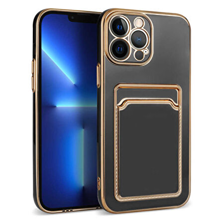 iPhone 12 Pro Max Kılıf Kartlıklı Kamera Korumalı Altın Kenar Tasarım Silikon