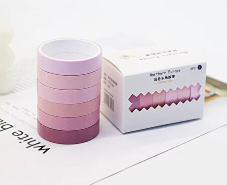 Vintage Washi Tape Bant Yapışkanlı Maskeleme Kağıdı Renkli Bant 6 lı - Pembe Tonları