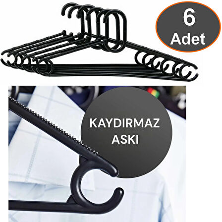 KAYDIRMAZ Elbise Askısı Fular Askısı Gömlek Tişört Askısı Kırılmaz 6 Adet Set Siyah Pantolon Askı 