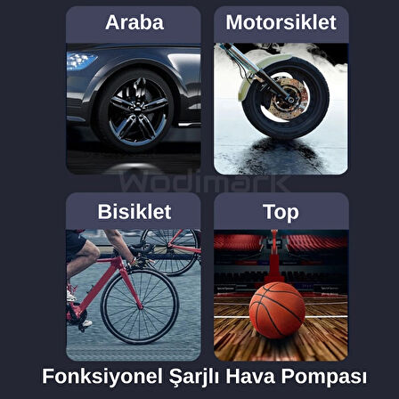 Wodimark Dijital Led Işıklı Taşınabilir Şarjlı Araç Lastik Hava Şişirme Pompası Hava Kompresörü Powerbankli
