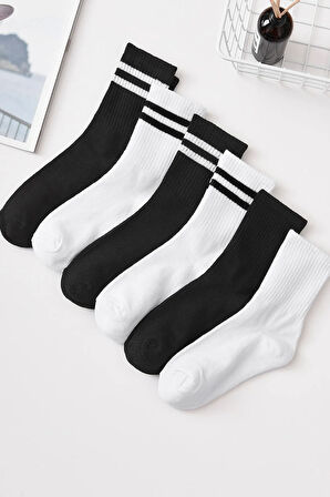 Unisex 6 Çift Düz Siyah-beyaz Tenis Çorap