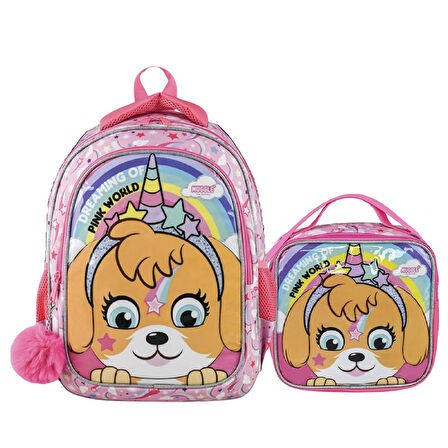 Muggle 2 Bölmeli Pink World Okul  Çantası + Termoslu Beslenme Çantası