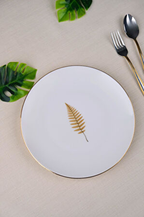 Tabak Evi Porselen Natura Fern Altın Yaldız Pasta Tabağı 20,50cm Tekli