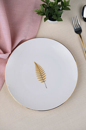 Tabak Evi Porselen Natura Fern Altın Yaldız Pasta Tabağı 20,50cm Tekli
