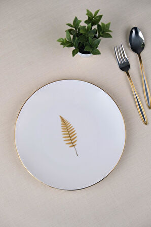 Tabak Evi Porselen Natura Fern Altın Yaldız Pasta Tabağı 20,50cm Tekli