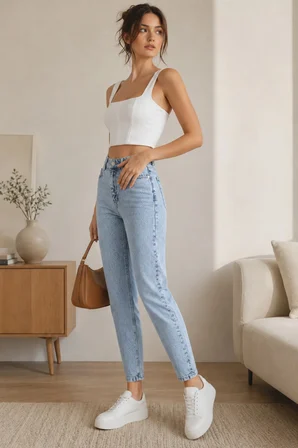 Kadın Jeans Buz Mavi Kar Yıkama Mom Jeans Yüksek Bel Denim Kot Pantolon