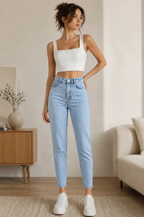 Kadın Jeans Buz Mavi Kar Yıkama Mom Jeans Yüksek Bel Denim Kot Pantolon