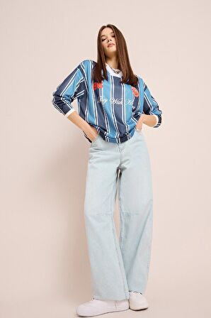 DeFacto Coool Oversize Geniş Kalıp Polo Yaka Baskılı Forma Kumaşı Uzun Kollu Tişört E5373AX25SPNV241