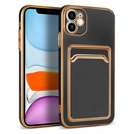 iPhone 11 Kılıf Kamera Korumalı Kartlıklı Altın Kenar Tasarım Silikon
