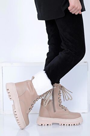 Lady Classy Kız Çocuk Bej İçi Kürklü Bağcıklı ve Fermuarlı Bot BOOT00038