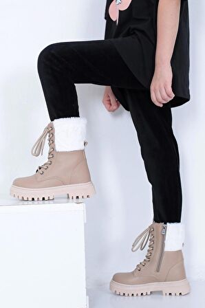 Lady Classy Kız Çocuk Bej İçi Kürklü Bağcıklı ve Fermuarlı Bot BOOT00038