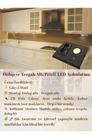 Masfitech Tezgah Altı Prizli LED Aydınlatma 3W 4000K Günışığı Siyah