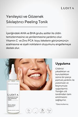 Ludita Yenileyici ve Gözenek Sıkılaştırıcı Peeling Tonik (%10 AHA, %2 BHA, %1 Vitamin C)