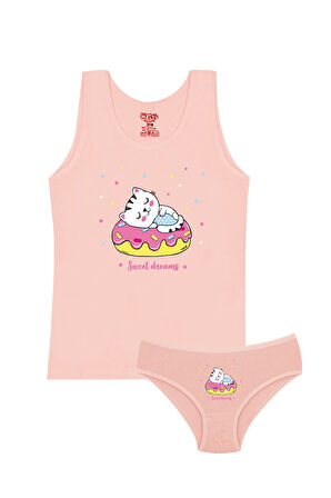 Öts Kız Çocuk Atlet Külot Likralı Somon Kedi (%96 Pamuk - %4 Elastan)