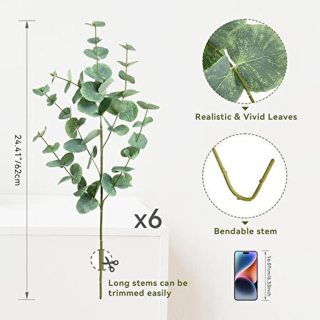 Yapay Çiçek Yeşil Okaliptus 90cm 5Dallı Uzun Dal Eucalyptus