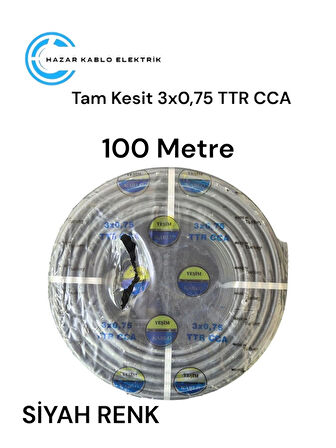 Yeşim Kablo Tam Kesit 3 x 0.75 TTR CCA Kablo Siyah Renk 100 Metre