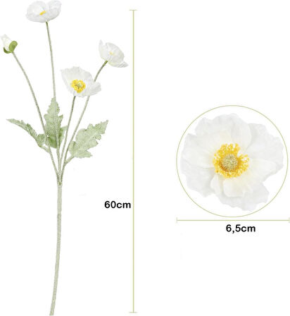 Yapay Çiçek Gelincik Çiçeği Kar Beyaz Renk 3 Çiçek 1 Tomurcuk 59Cm