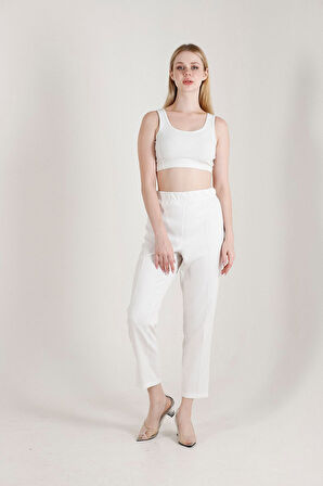 Balenbi 1004 Beyaz Battal Beden Havuç Paça Yüksek Bel Likralı Kadın Pantolon