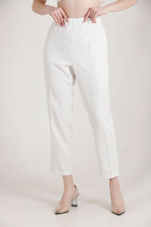 Balenbi 1004 Beyaz Battal Beden Havuç Paça Yüksek Bel Likralı Kadın Pantolon