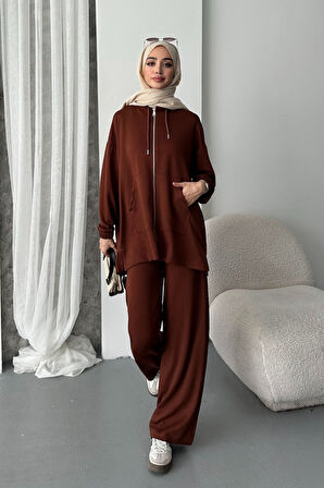 Balenbi Kadın Modal Penye Oversize Kapüşonlu Tesettür Tunik Takım 1108