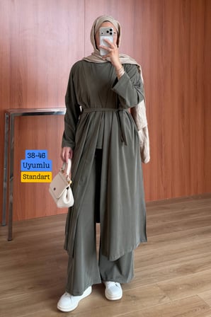 Balenbi Kadın Cupra Pike Uzun Hırka Bluz Geniş Paça Pantolon 3'lü Abaya Takım 3861