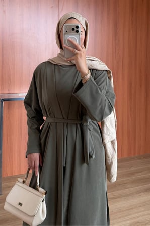 Balenbi Kadın Cupra Pike Uzun Hırka Bluz Geniş Paça Pantolon 3'lü Abaya Takım 3861