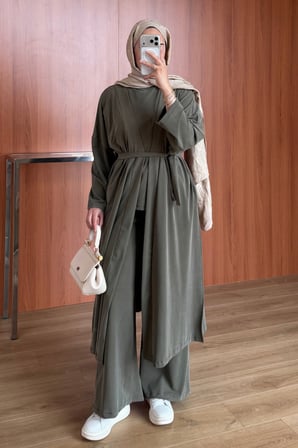 Balenbi Kadın Cupra Pike Uzun Hırka Bluz Geniş Paça Pantolon 3'lü Abaya Takım 3861