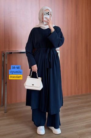 Balenbi Kadın Cupra Pike Uzun Hırka Bluz Geniş Paça Pantolon 3'lü Abaya Takım 3861