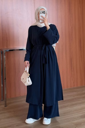 Balenbi Kadın Cupra Pike Uzun Hırka Bluz Geniş Paça Pantolon 3'lü Abaya Takım 3861