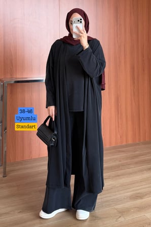 Balenbi Kadın Cupra Pike Uzun Hırka Bluz Geniş Paça Pantolon 3'lü Abaya Takım 3861