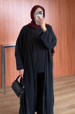 Balenbi Kadın Cupra Pike Uzun Hırka Bluz Geniş Paça Pantolon 3'lü Abaya Takım 3861