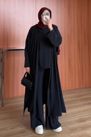 Balenbi Kadın Cupra Pike Uzun Hırka Bluz Geniş Paça Pantolon 3'lü Abaya Takım 3861
