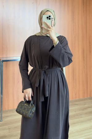 Balenbi Kadın Cupra Pike Uzun Hırka Bluz Geniş Paça Pantolon 3'lü Abaya Takım 3861