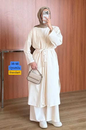 Balenbi Kadın Cupra Pike Uzun Hırka Bluz Geniş Paça Pantolon 3'lü Abaya Takım 3861