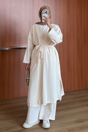 Balenbi Kadın Cupra Pike Uzun Hırka Bluz Geniş Paça Pantolon 3'lü Abaya Takım 3861