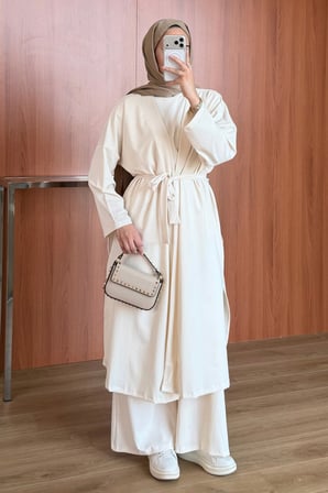 Balenbi Kadın Cupra Pike Uzun Hırka Bluz Geniş Paça Pantolon 3'lü Abaya Takım 3861