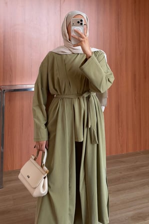 Balenbi Kadın Cupra Pike Uzun Hırka Bluz Geniş Paça Pantolon 3'lü Abaya Takım 3861