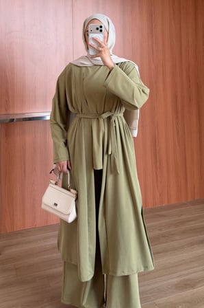 Balenbi Kadın Cupra Pike Uzun Hırka Bluz Geniş Paça Pantolon 3'lü Abaya Takım 3861