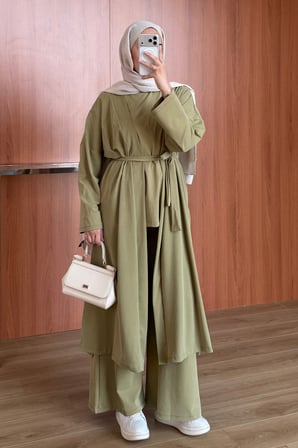 Balenbi Kadın Cupra Pike Uzun Hırka Bluz Geniş Paça Pantolon 3'lü Abaya Takım 3861