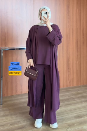 Balenbi Kadın Cupra Pike Uzun Hırka Bluz Geniş Paça Pantolon 3'lü Abaya Takım 3861