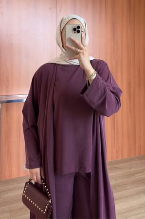 Balenbi Kadın Cupra Pike Uzun Hırka Bluz Geniş Paça Pantolon 3'lü Abaya Takım 3861