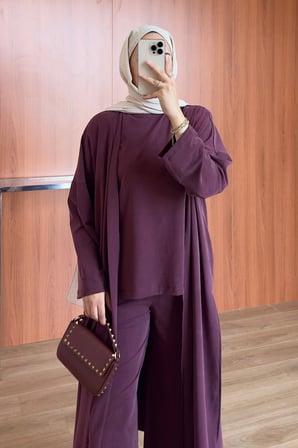 Balenbi Kadın Cupra Pike Uzun Hırka Bluz Geniş Paça Pantolon 3'lü Abaya Takım 3861