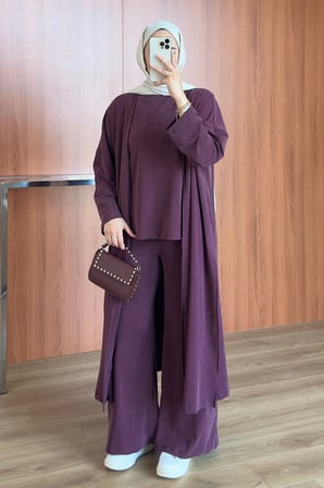 Balenbi Kadın Cupra Pike Uzun Hırka Bluz Geniş Paça Pantolon 3'lü Abaya Takım 3861