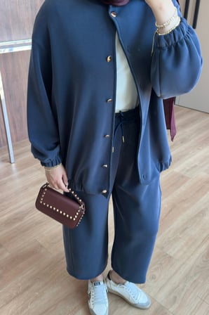 Balenbi Kadın Cupra Modal Bomber Ceketli Bol Paça Pantolonlu Tesettür Takım 3843 - Premium Seri