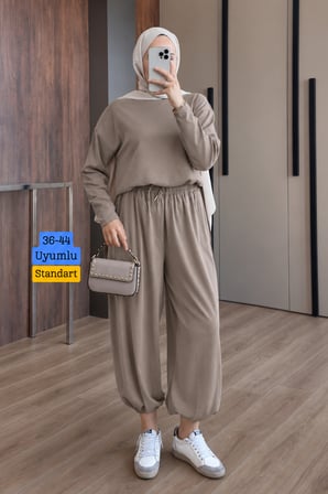 Balenbi Kadın Cupra Fitilli Kumaş Bisiklet Yaka Basic Şalvar Tesettür Takım 3856 - Premium Seri