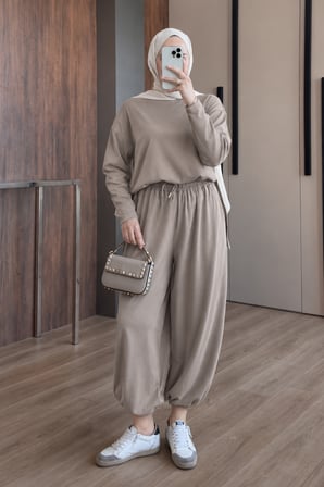Balenbi Kadın Cupra Fitilli Kumaş Bisiklet Yaka Basic Şalvar Tesettür Takım 3856 - Premium Seri