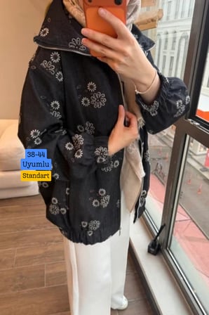Balenbi Kadın Çiçek Desenli Fermuarlı Oversize Jean Bomber Ceket 380 - Premium Seri