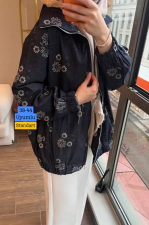 Balenbi Kadın Çiçek Desenli Fermuarlı Oversize Jean Bomber Ceket 380 - Premium Seri