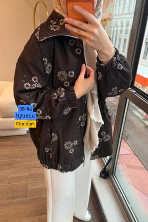 Balenbi Kadın Çiçek Desenli Fermuarlı Oversize Jean Bomber Ceket 380 - Premium Seri