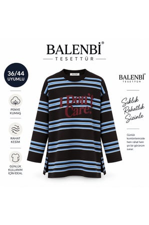 Balenbi Kadın Penye Kumaş Yazı Baskılı Bisiklet Yaka Çizgili Tunik 390.1